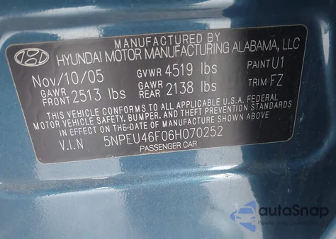 2006 Hyundai Sonata Gls V6/Lx V6 z USA, uszkodzony, nr VIN 5NPEU46F06H070252